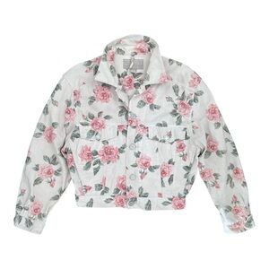 Vintage 90s Esprit Floral Linen Cotton Crop Jacket Cream Pink Size Small